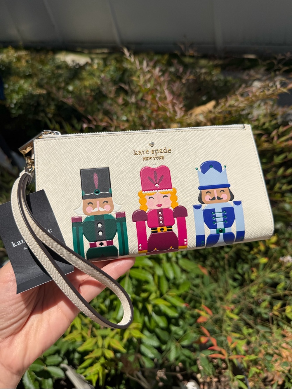 kate spade Cream Nutcracker Wristlet Wallet with Pink & Green Accents